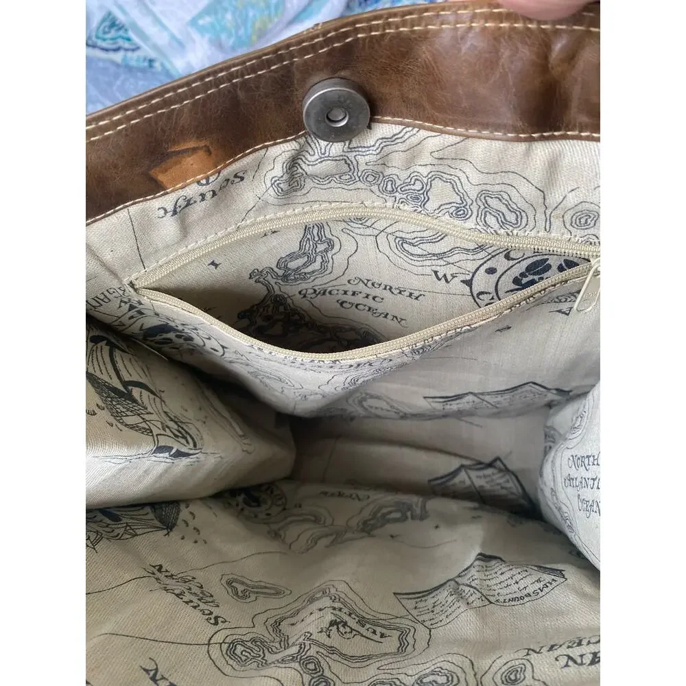 Crab Compass Vintage Barganza Lined Leather Tote Bag Pockets Brown 13